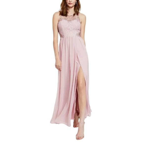City Studio Macy's Pink Embellished Illusion Tulip Gown Juniors Size 5 High Slit - Picture 1 of 16